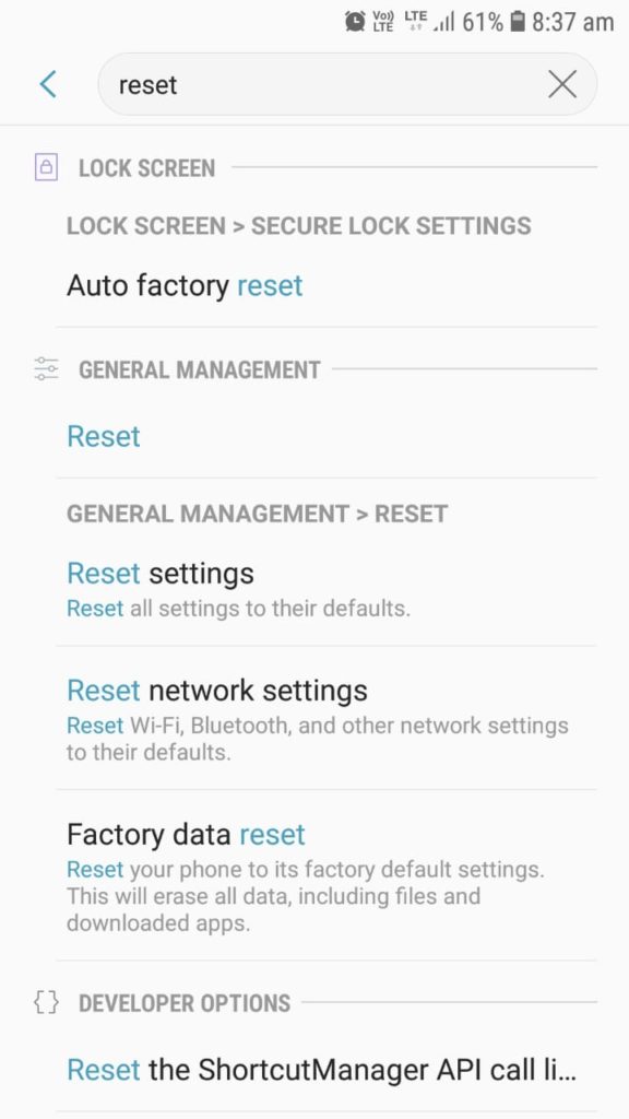 Factory reset to fix android.process.acore keeps stopping