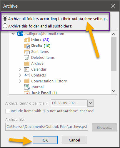 Archive all folders according to their AutoArchive Settings