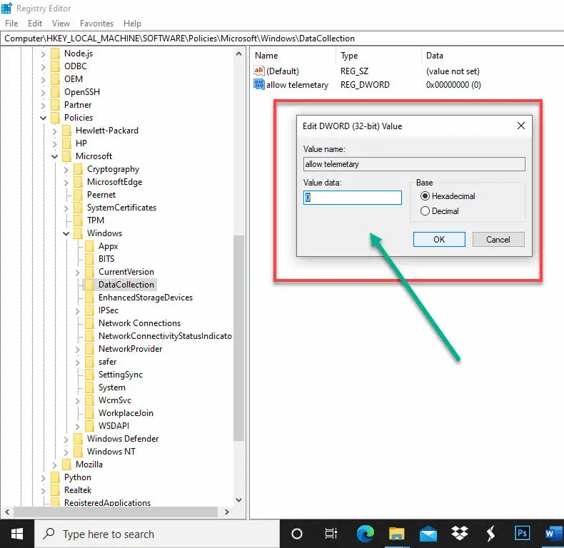 Disable Microsoft Compatibility Telemetry through registry editor