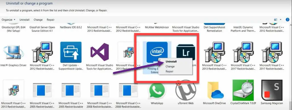 Locate Intel optane memory pinning unable to load dll option