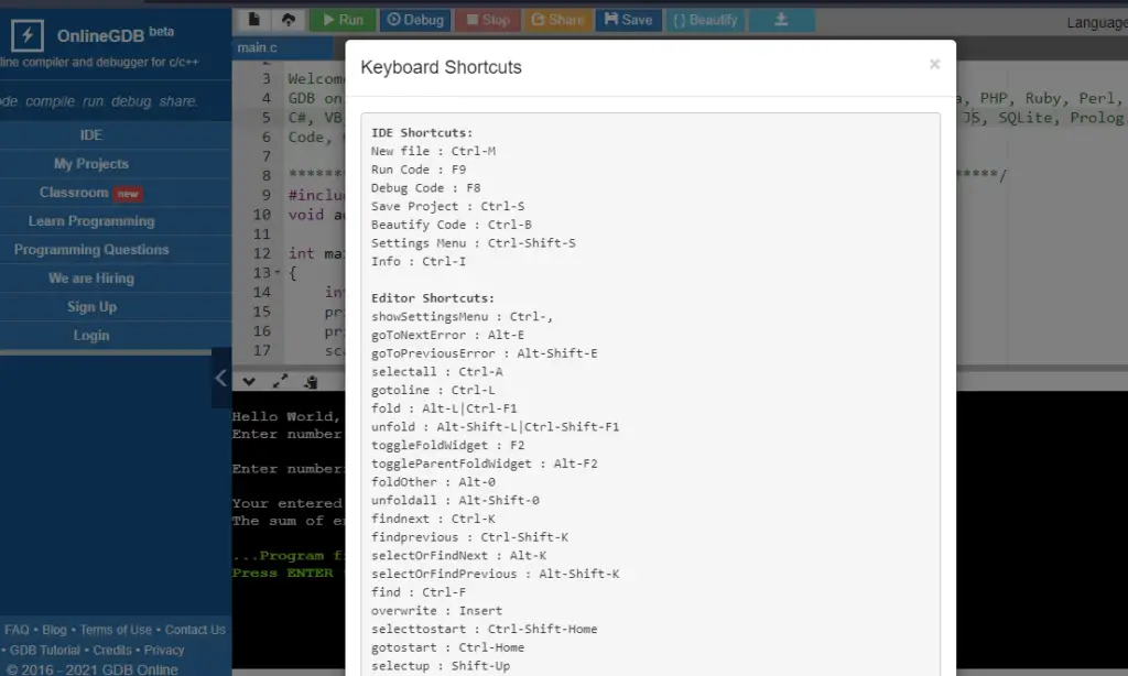 keyboard shortcut of Online GDB