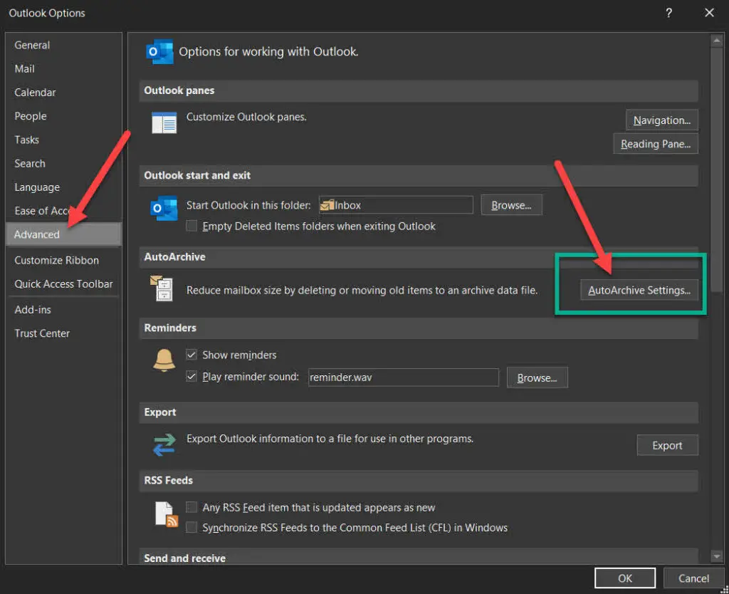 Advanced Option in outlook to Auto Archive