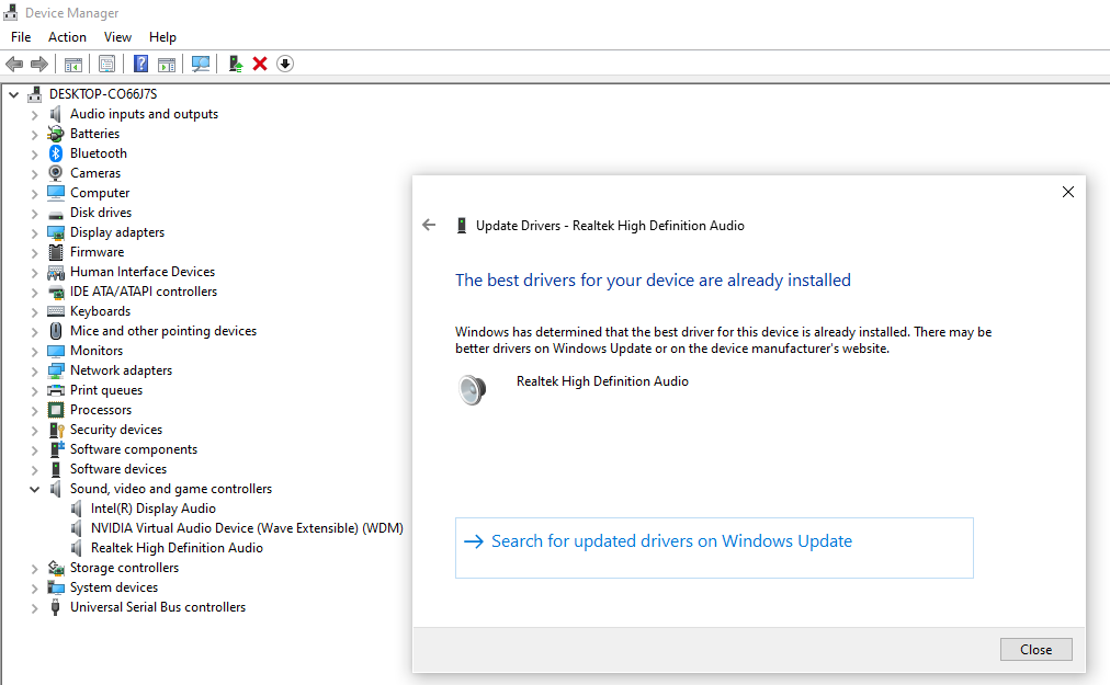 Search for driver in the Windows update to fix headphone static