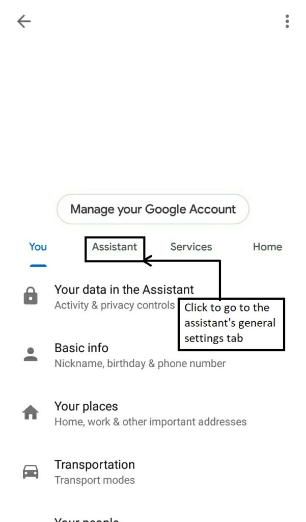 Google account management section, in that click on the Assistant option