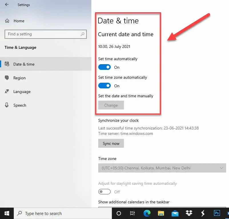 Set correct date and time in windows