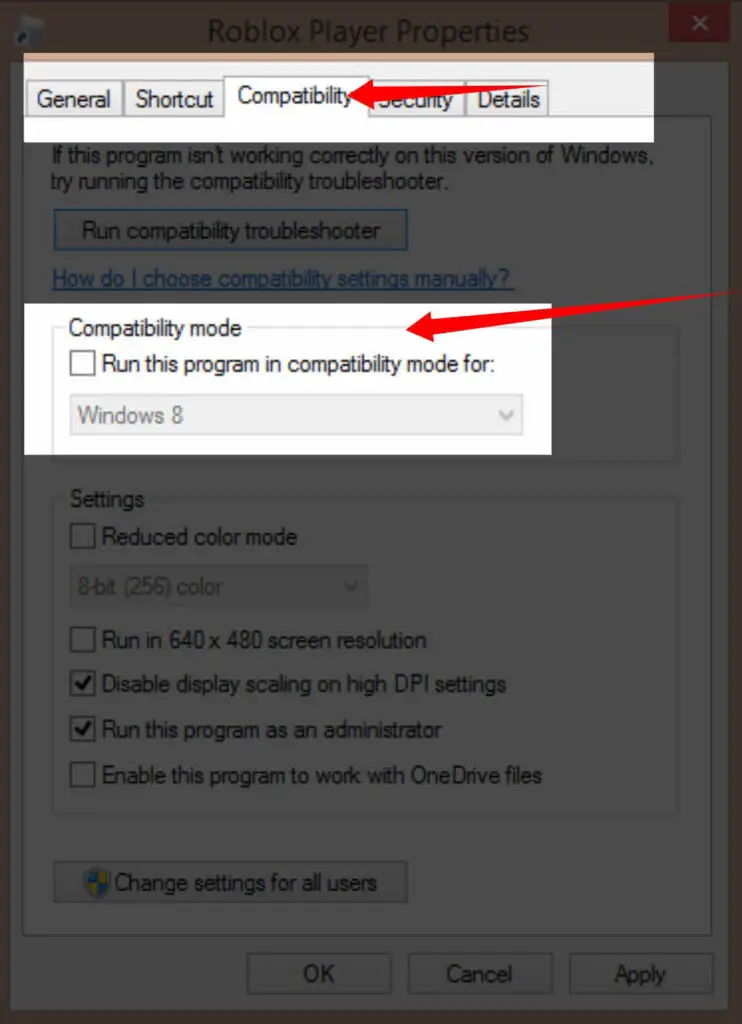 compatibility setting of Roblox